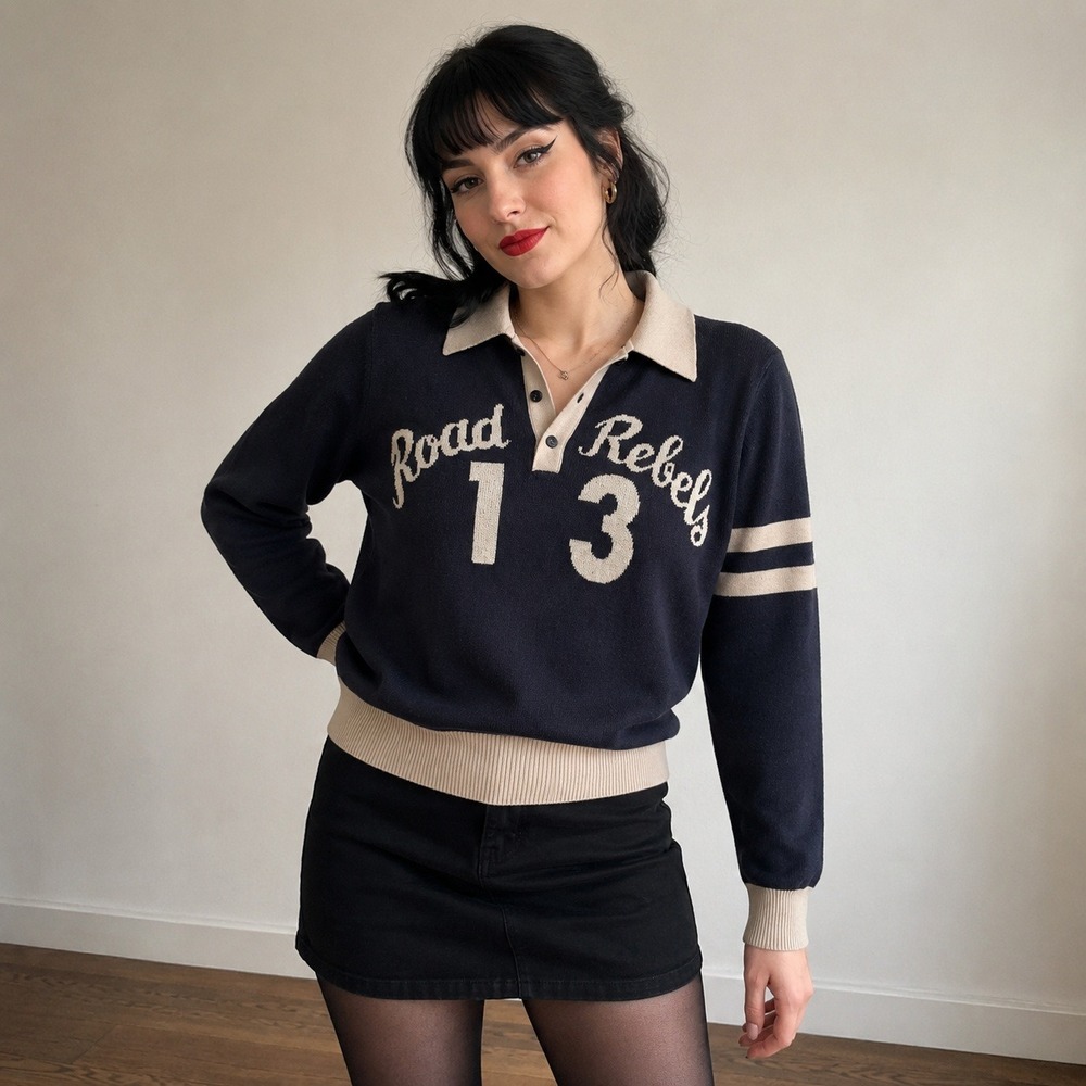 Collectif Womens Road Rebels 13 Sweater Small Navy Blue Collared Knit Rockabilly